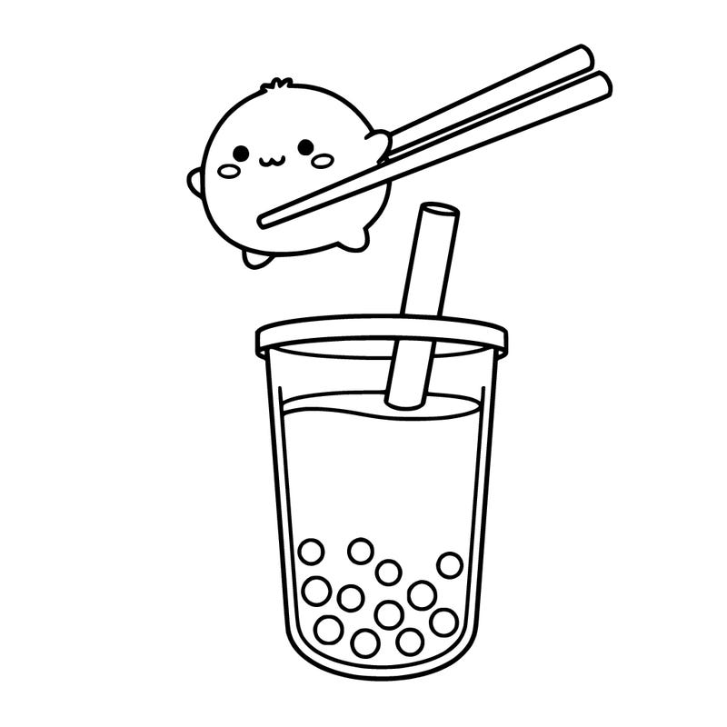 a baby mochi in chop sticks and boba tea