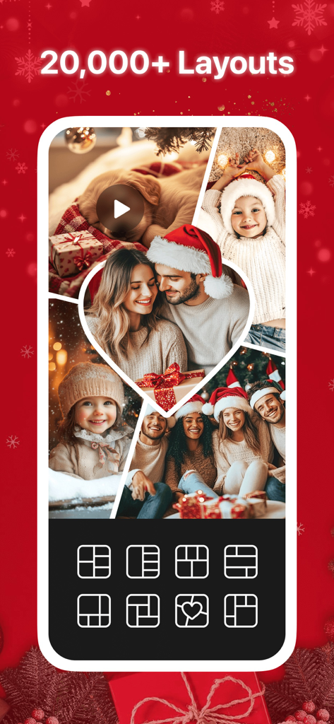 Une interface mobile présentant des modèles de collages photo et vidéo sur le thème de Noël, avec plus de vingt mille options.