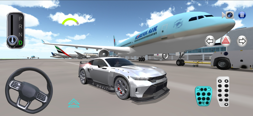 3D Driving Class - Coche deportivo plateado estacionado junto a un gran avión en un aeropuerto en el simulador de Clase de Conducción 3D.