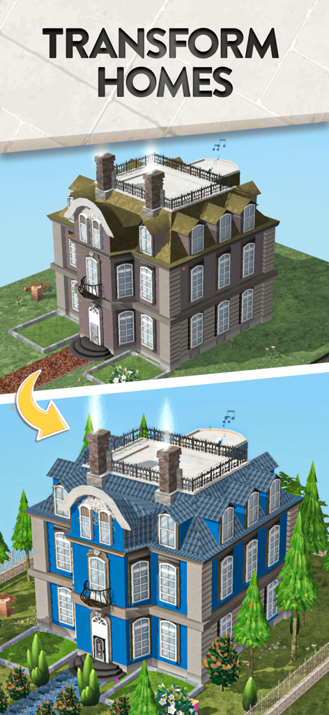 House Flip - A before and after visual comparison showing a grey house transformed into a blue home.