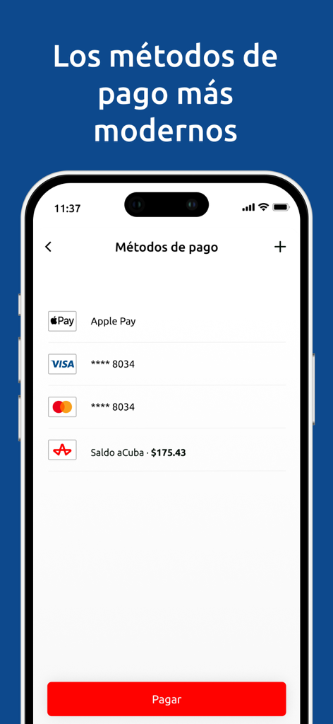 Pantalla de métodos de pago en la aplicación Recargas aCuba mostrando Apple Pay y opciones de tarjeta de crédito