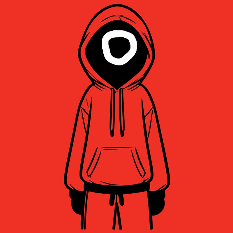 faceless girl in a tracksuit with a hood on and no hair