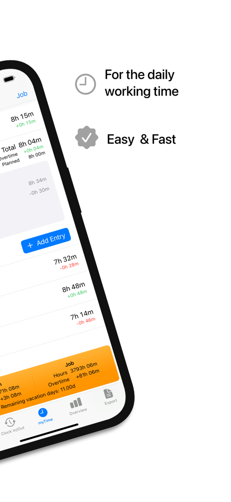 Hours Tracker - myTime - Schermata iPhone che mostra il tracciamento giornaliero delle ore di lavoro nell'app Hours Tracker myTime.