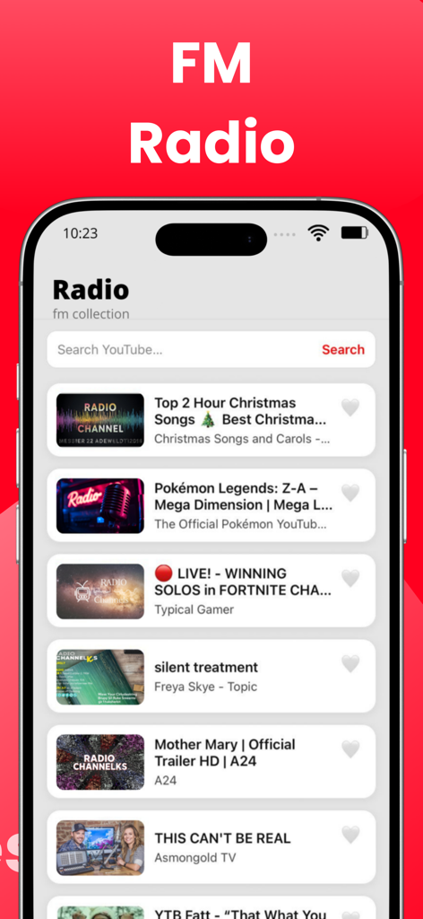 Tubidy FM : Music, Song Player - Interfaz de la app Tubidy FM mostrando una lista de canales de radio y contenido de video de moda.