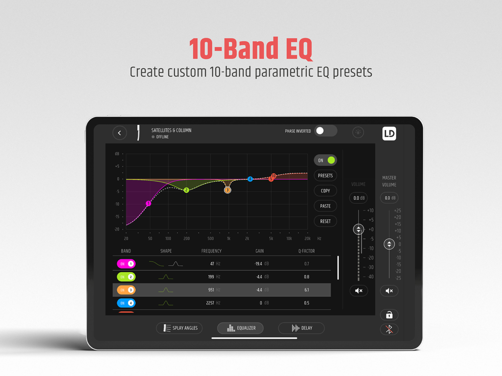 MAILA - Pantalla de iPad que muestra la interfaz del ecualizador paramétrico de 10 bandas de la aplicación MAILA para ingeniería de sonido profesional