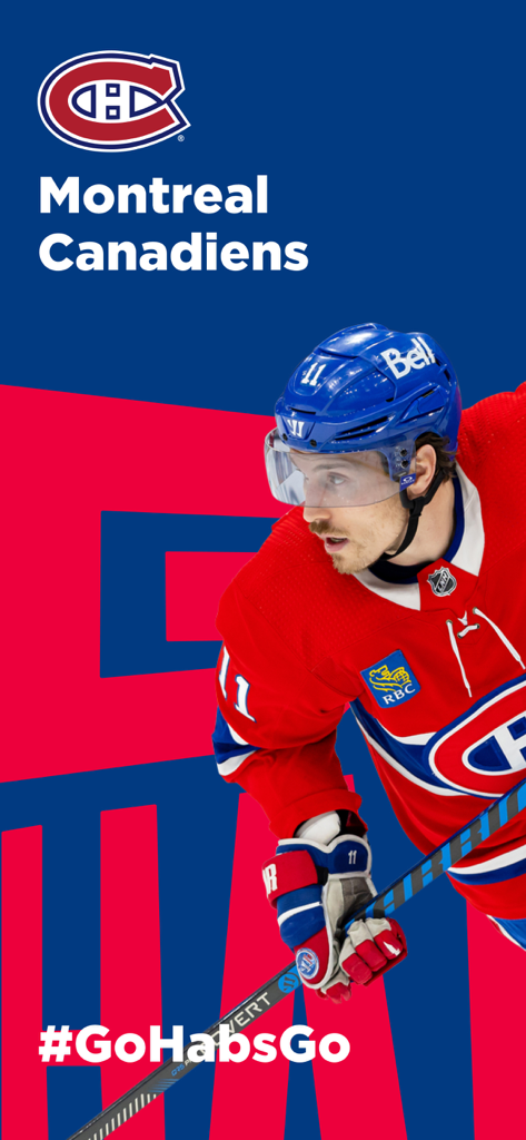 Montréal Canadiens - Pantalla de bienvenida de la aplicación oficial de los Canadiens de Montreal con un jugador de hockey y el logo del equipo