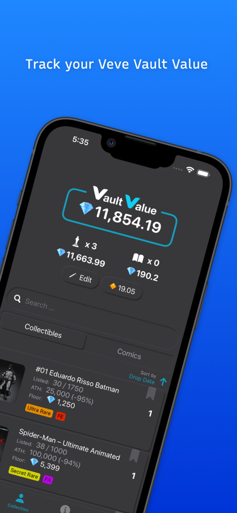 VaultValue - Smartphone screen displaying the VaultValue app dashboard with VeVe collection total value and collectible details