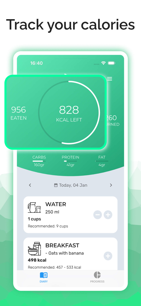 Painel do aplicativo Rastreador de Nutrição mostrando calorias restantes diárias, ingestão de macronutrientes e rastreamento de água.