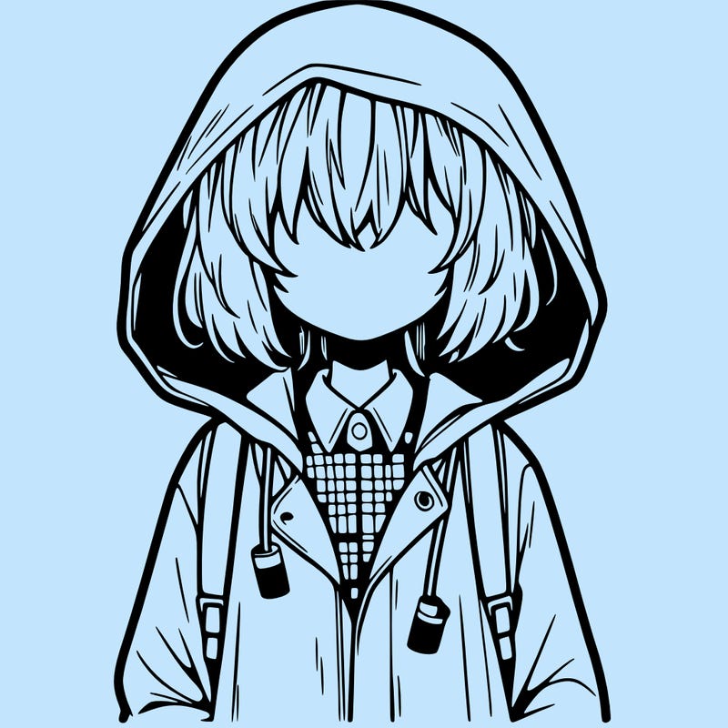 little anime girl in a raincoat her hair is covering her eyes she has a lighter