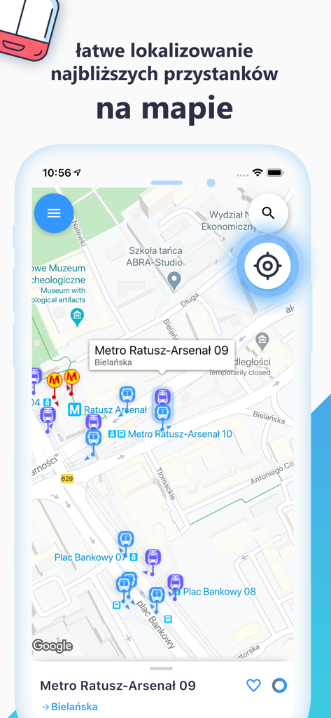 Interfaz de la aplicación Time4BUS que muestra un mapa con paradas de transporte público cercanas y seguimiento en tiempo real