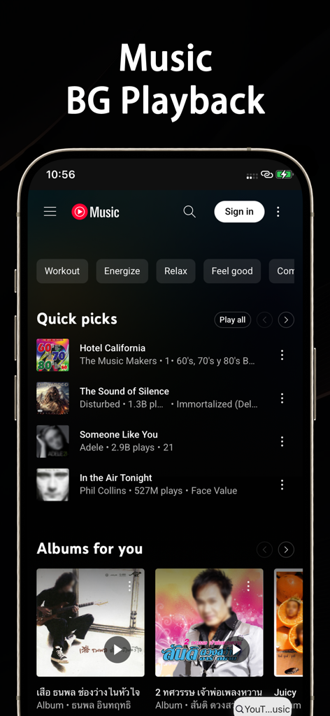 Video Tube：Video&Music Player - Interfaz de aplicación móvil que muestra funciones de reproducción de música en segundo plano con una lista de canciones populares.