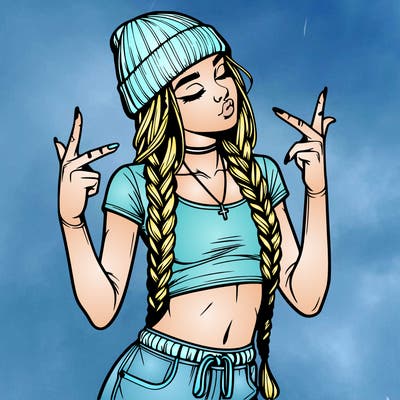realistic teenage girl with braids and a beanie and crop top doing 🫶🏼