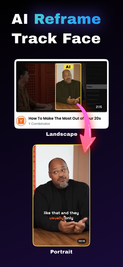AI video clipping: MagicClip - Función de Reencuadre con IA en MagicClip convirtiendo un video horizontal en un clip vertical en modo retrato con seguimiento facial para redes sociales.