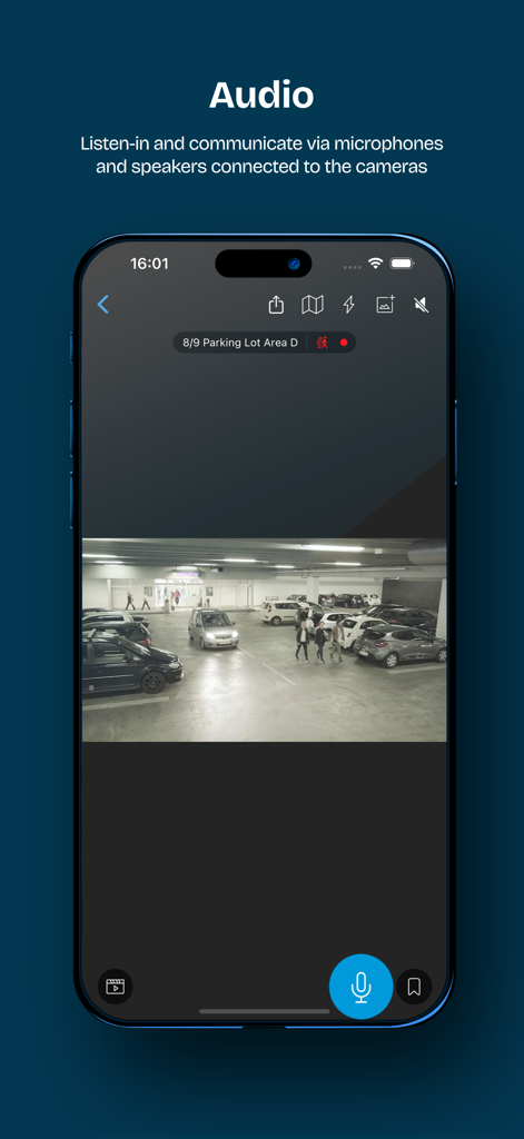 Interface de l'application XProtect Mobile montrant un flux de caméra de sécurité de parking et des outils de communication audio