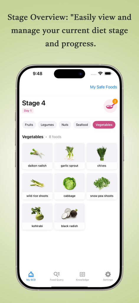 Pantalla de la aplicación móvil que muestra la lista de alimentos de la etapa 4 de la dieta SCD para verduras