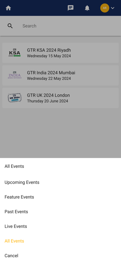 GTR Events - GTR Events App-Bildschirm mit einer Liste bevorstehender internationaler Handelskonferenzen und einem Navigationsmenü.