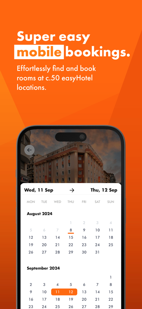 easyHotel - Book Value Stays - Smartphone screen showing the easyHotel mobile app booking calendar and date selection interface.
