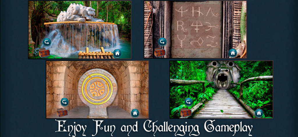 A collage of four gameplay scenes from The Lost Fountain showing ancient ruins and challenging puzzles