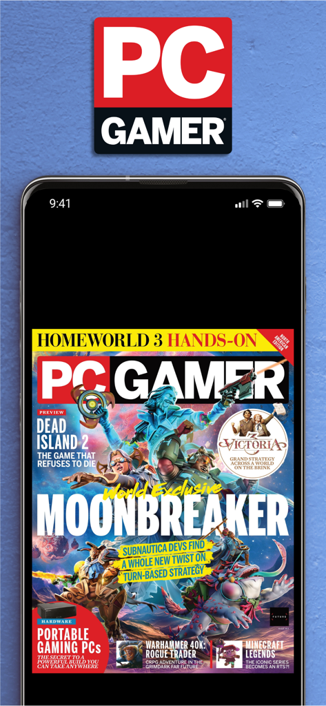Smartphone displaying the digital cover of PC Gamer magazine featuring gaming news and reviews
