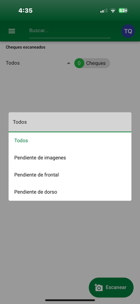 Cheques - Caja Banrural - Filter menu for scanned checks in the Caja Banrural mobile app