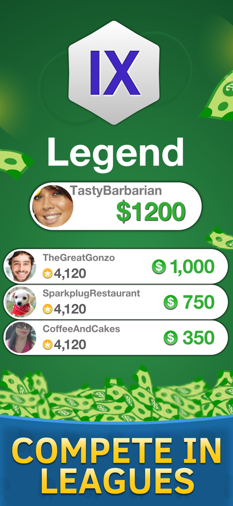 Solitaire Nano - Solitaire Nano leaderboard showing players in the Legend league with cash prizes.