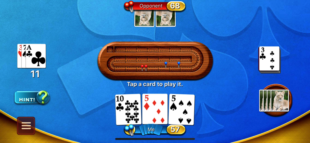 Cribbage - Crib & Peg Game - Interface de jogo digital de cribbage mostrando um tabuleiro de fichas de madeira e cartas de jogo em um fundo com padrão azul.