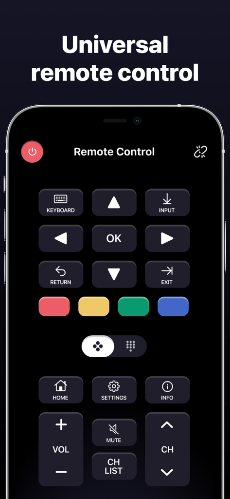 Interface of the MyRemote app showing a universal TV remote control on an iPhone