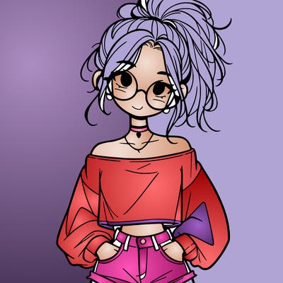 girl with a messy ponytail glasses a baggy crop top and jean shorts
