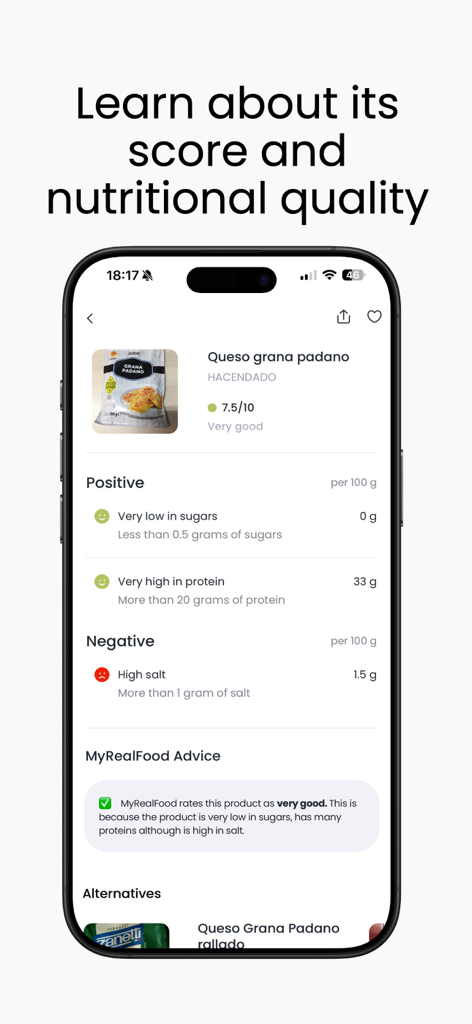 MyRealFood: Diet and recipes - A smartphone screen displaying a food product score and nutritional breakdown in the MyRealFood app