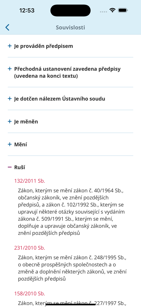 Zákony pro lidi - Zakony pro lidiアプリのモバイル画面。チェコ法における法的文脈と廃止された法律を表示。