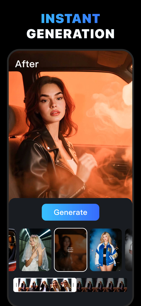 MotionAI app interface showing instant AI video generation with cinematic filters