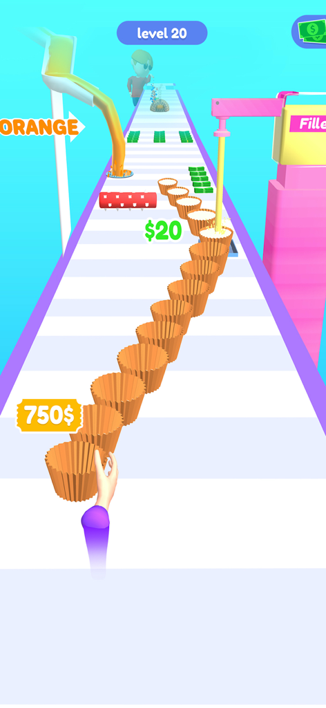 Bakery Stack Cooking Games - A long stack of cupcake liners being filled with batter on a 3D runner track