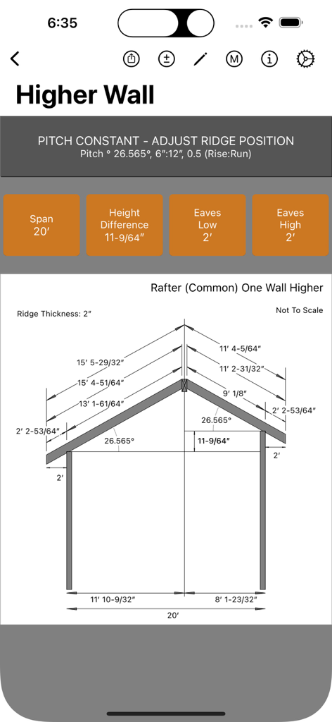 서까래 측정값을 보여주는 높은 벽이 있는 주택의 기술 지붕 골조 도면