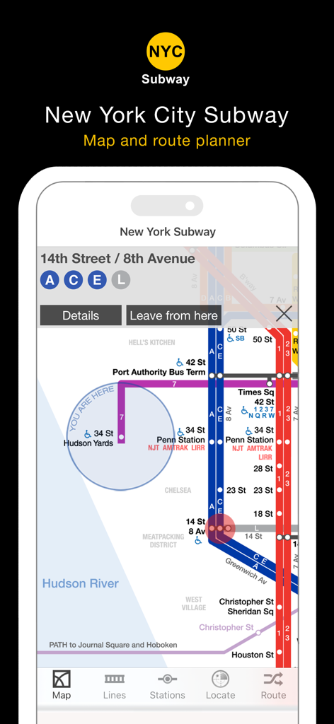New York City Subway - New York City Subway app interface showing an interactive map with station details and route planning features.
