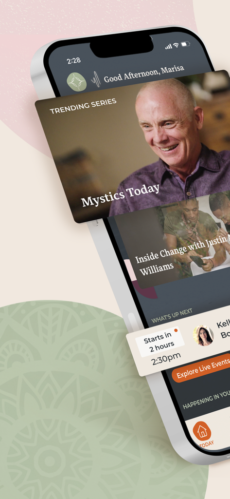 Sounds True One - Interface of the Sounds True One app highlighting spiritual series and live events.