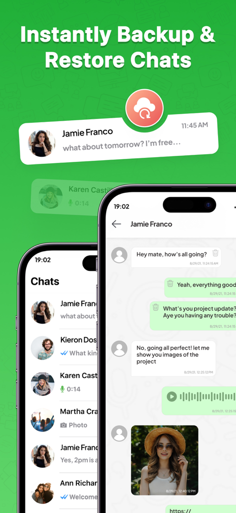 Status Saver WT - StoryBox - Interface of Status Saver WT StoryBox app displaying chat backup and restore features on mobile screens