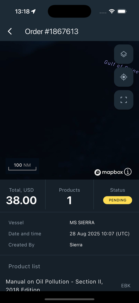 NAVTOR NavFleet - Bildschirm zur Auftragsverwaltung, der einen ausstehenden Auftrag für das Schiff MS SIERRA in der NAVTOR NavFleet App anzeigt.