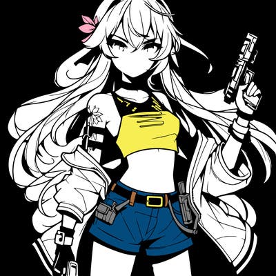 bad girl wearing crop top holding a gun long hair anime