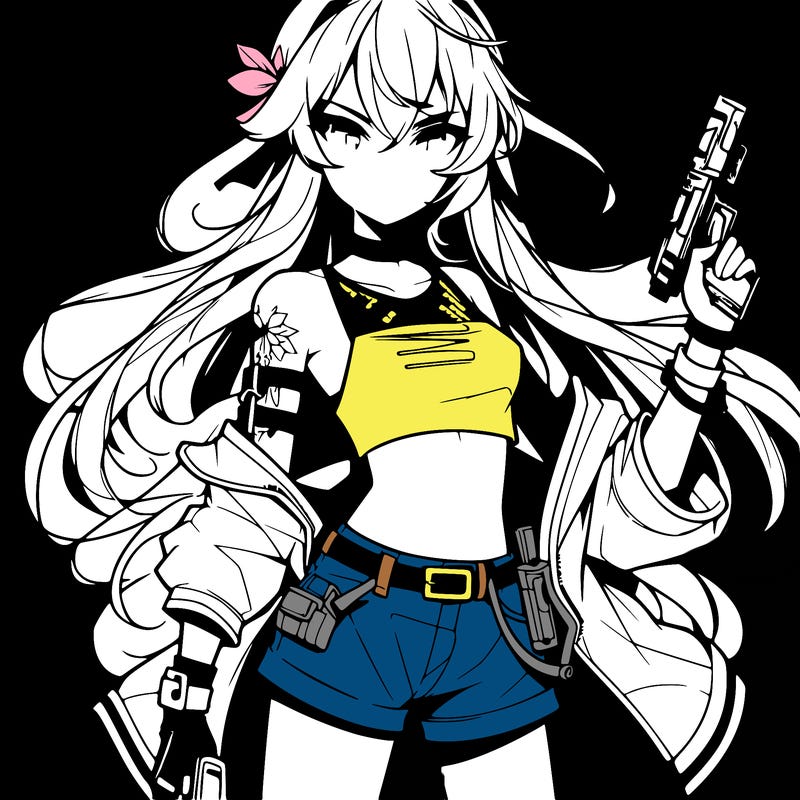 bad girl wearing crop top holding a gun long hair anime