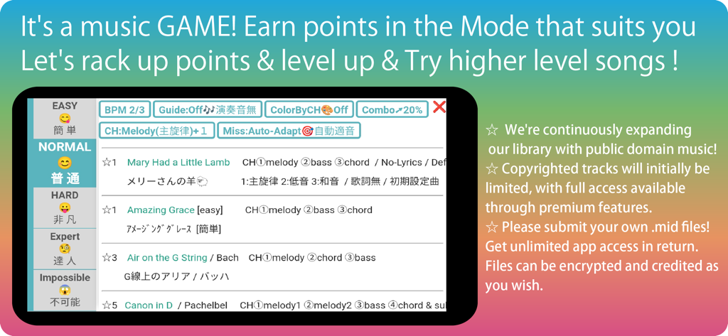 PianiCian - A screen from the PianiCian app showing a list of songs like Canon in D and Amazing Grace with difficulty settings from Easy to Impossible.