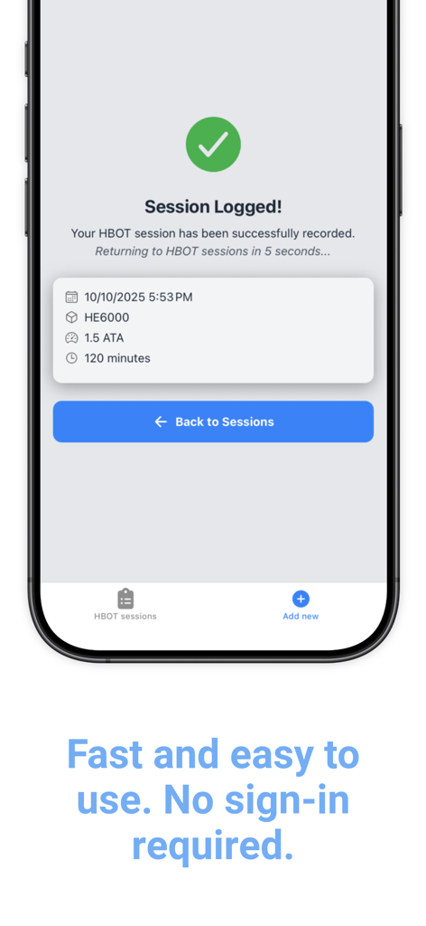 Interfaz de la aplicación HBOT.one que muestra una confirmación de sesión de terapia hiperbárica registrada correctamente