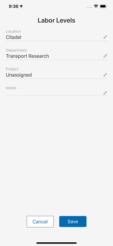 stratustime - Labor levels entry screen in the stratustime app showing fields for location department and project