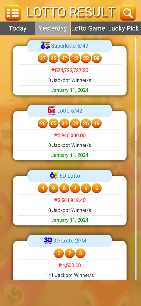 Pinoy Lotto Draw - App interface displaying winning numbers for various Philippine lottery draws