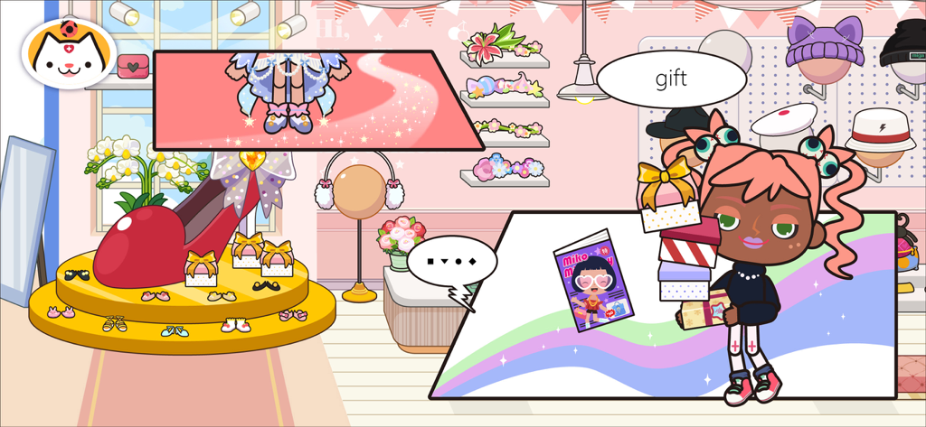 A cartoon character holding a stack of gift boxes in a colorful fashion boutique