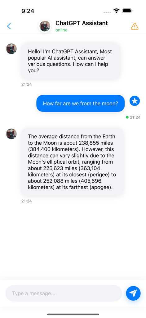 Chat interface of the Sahra Chat app featuring an AI assistant answering a question about the moon