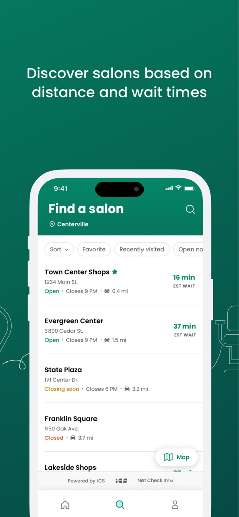 Great Clips Online Check-in - Great Clips app screen showing a list of nearby hair salons with estimated wait times and distances.
