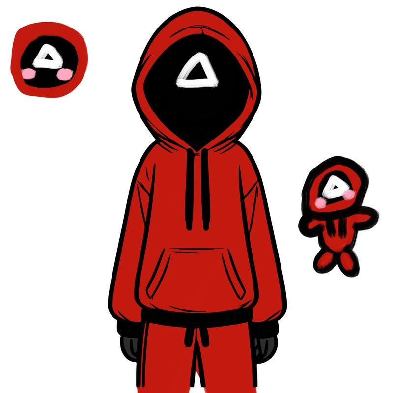 faceless girl in a tracksuit with a hood on and no hair