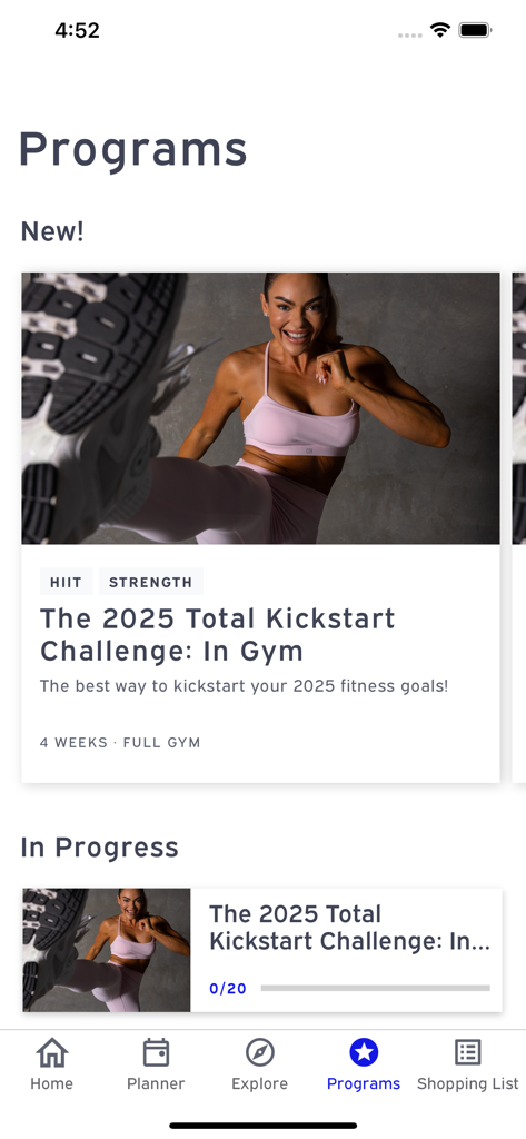 Emily Skye FIT: Workout App - Emily Skye FIT app interface showing the 2025 Total Kickstart Challenge in gym program