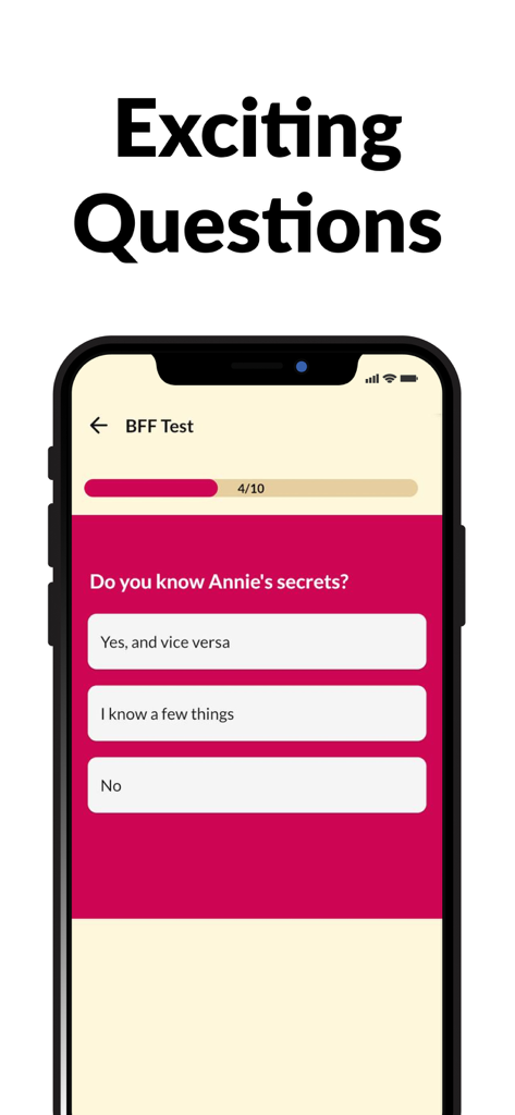 BFF Test: Best Friend Quiz - Interfaz de la app BFF Test mostrando una pregunta de cuestionario de amistad sobre secretos.