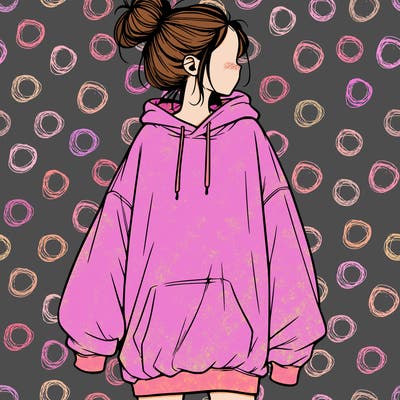 realistic girl with a oversized sweatshirt on and a bun